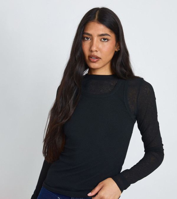 Tall Double Layer Sheer Rib Racer Long Sleeves Top