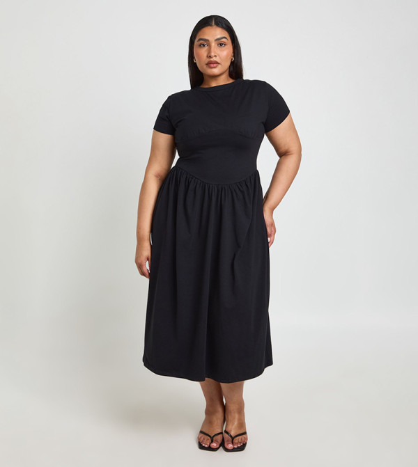 Curve Cotton Cinched Waist Cap Sleeves Midi Dress