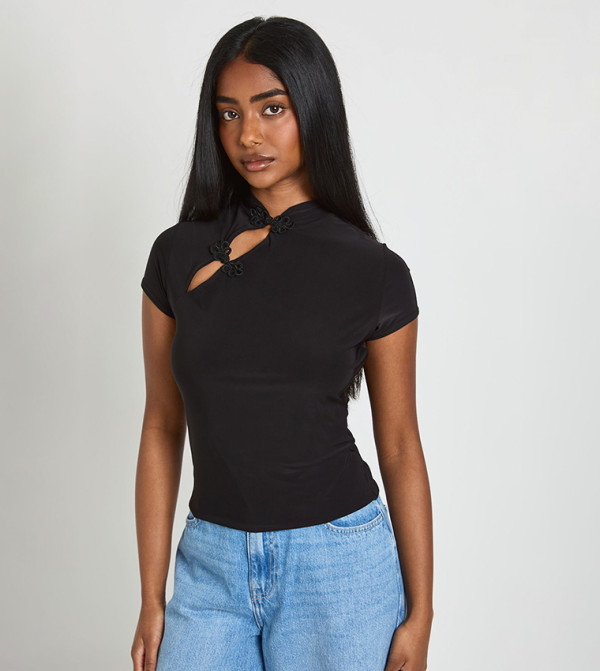 Grown On Neck Asym Button Up Top