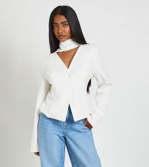 Plunge Scarf Detail Fitted Blazer