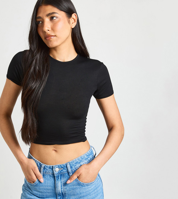 Tall Solid Short Sleeves Crew Neck Crop Top