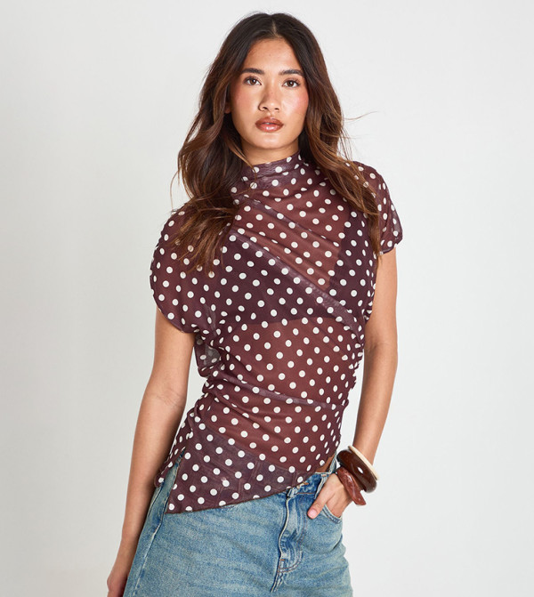 Mesh Polka Dots High Neck Ruched Side Asymmetric Top