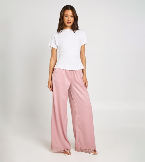 Tall Satin Lace Trim Wide Leg Trousers