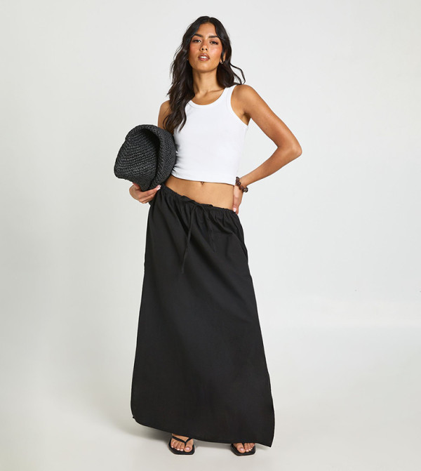 Linen Drawstring Waist Maxi Skirt