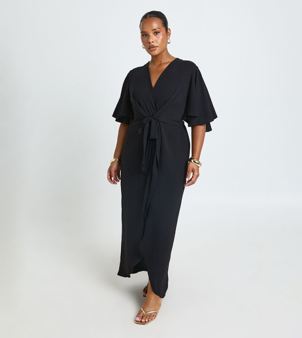 Curve Textured Tie Detail Maxi Dress