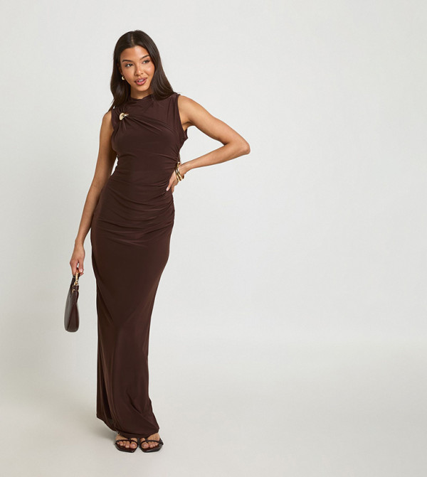 Slinky Trim Detail Ruched Maxi Dress