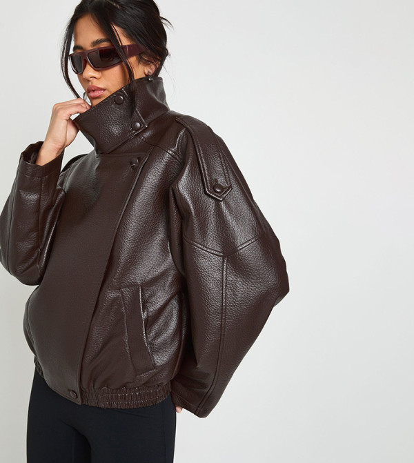 Faux Leather Funnel Neck Jacket
