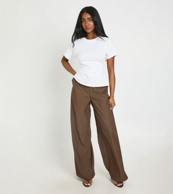 Concealed Waistband Wide Leg Tailored Trousers