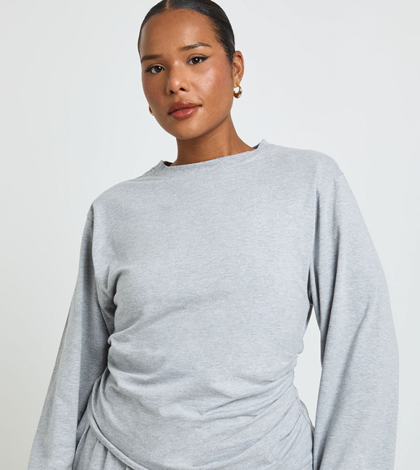 Curve Shoulder Pad Ruched Side Long Sleeves Top