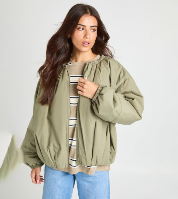 Collar Detail Oversized Bomber Jacket