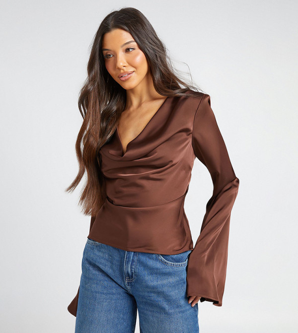 Long Sleeves Satin Cowl Neck Top
