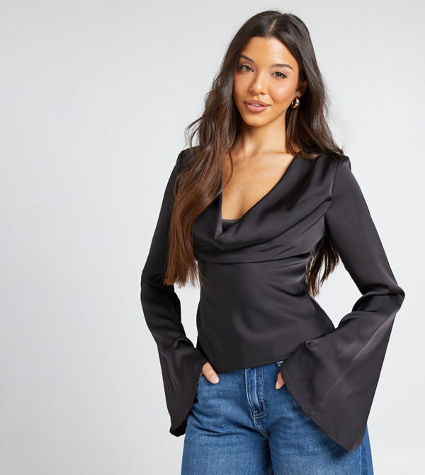 Long Sleeves Satin Cowl Neck Top