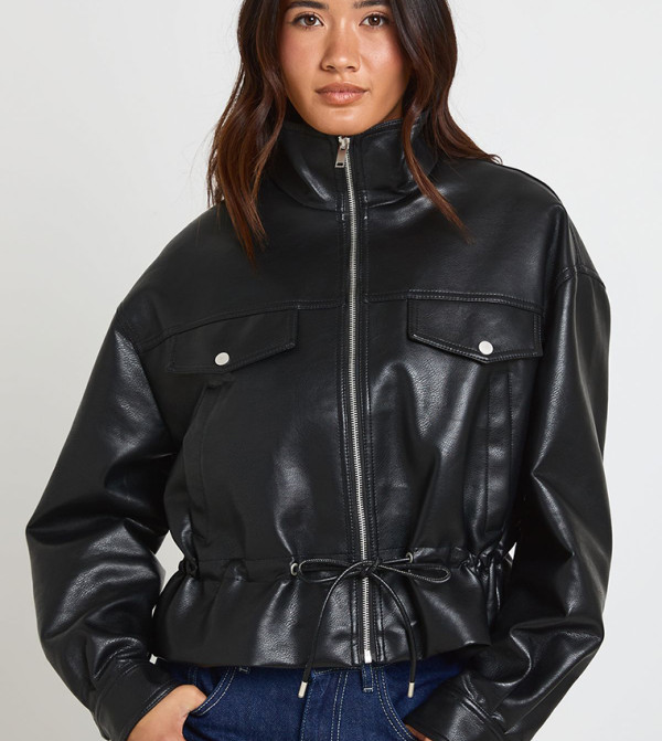 Funnel Neck Faux Leather Jacket