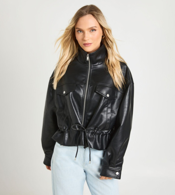 Petite Funnel Neck Faux Leather Jacket