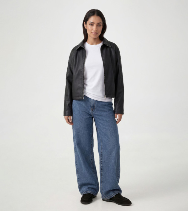 Funnel Neck Faux Leather Jacket