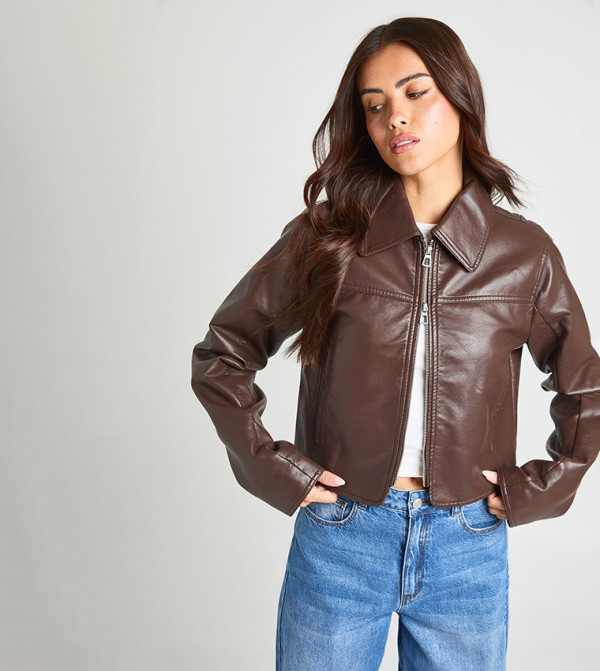 Cinched Waist Faux Leather Jacket