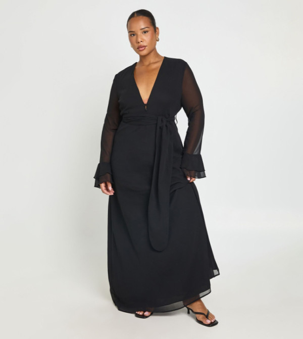 Curve Printed Button Detail Ruffle Sleeves Maxi Dress