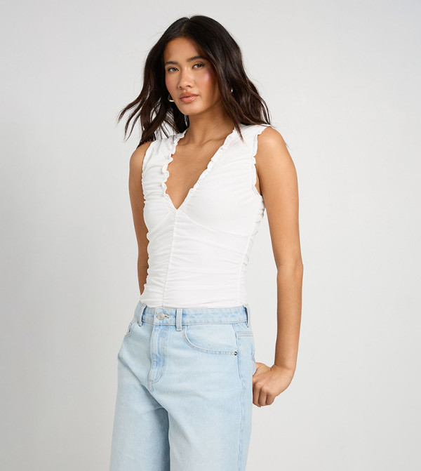 Mesh Ruched Neckline Bodysuit Top