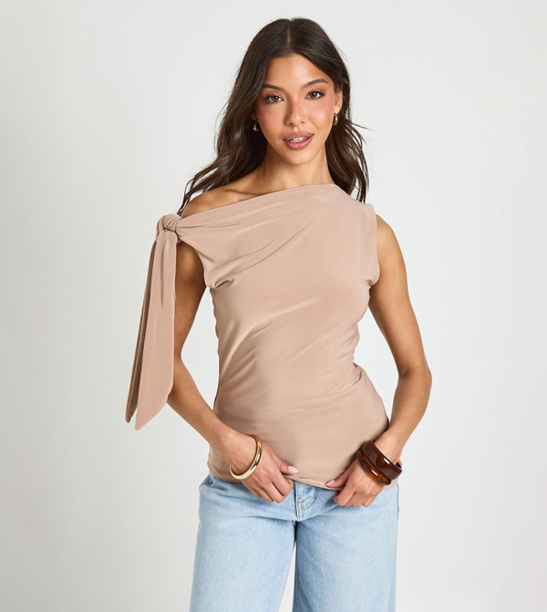 Matte Slinky High Neck Tie Shoulder Top