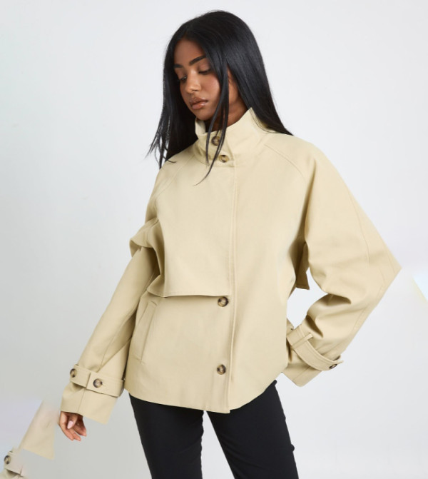 Funnel Neck Belted Trench Coat
