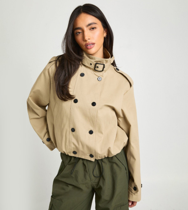 Double Breasted Funnel Neck Trench Jacket
