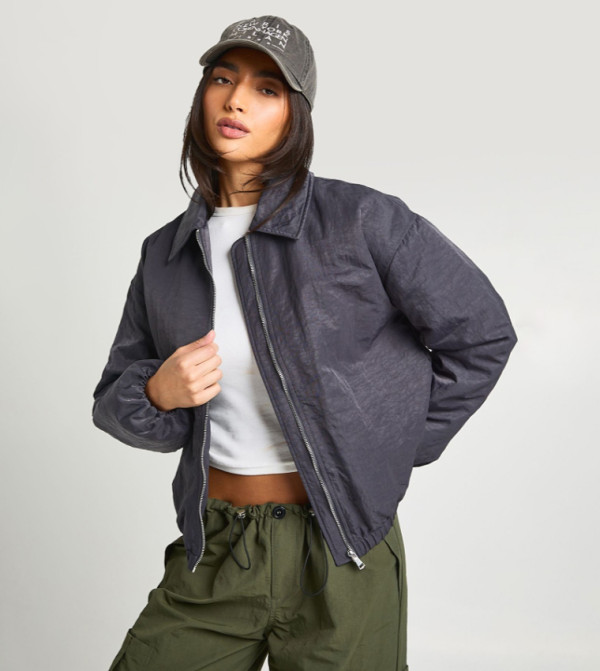 Zippered Collared Oversized Bomber Jacket
