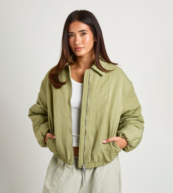 Zippered Collared Oversized Bomber Jacket