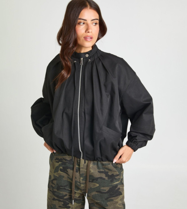 Zip-Through Gather Detail Bomber Jacket