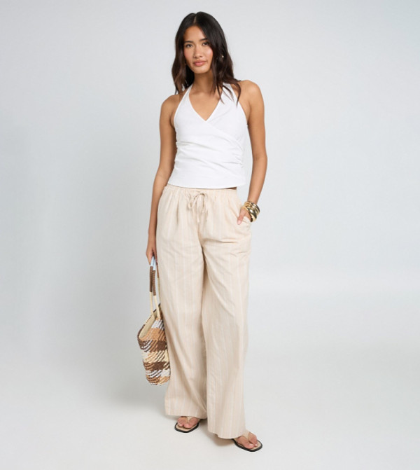 Tonal Stripe Linen Look Relaxed Fit Wide Leg Trousers