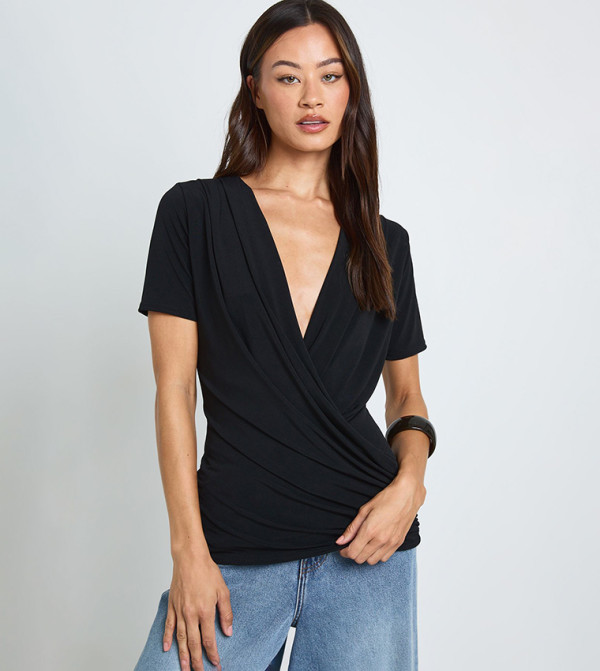 Tall Double Layer Slinky Super Short Sleeves Ruched Top