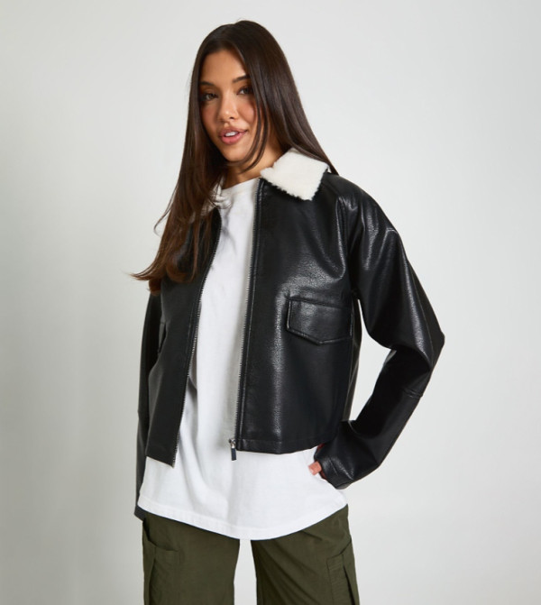 Faux Leather Faux Fur Trim Jacket