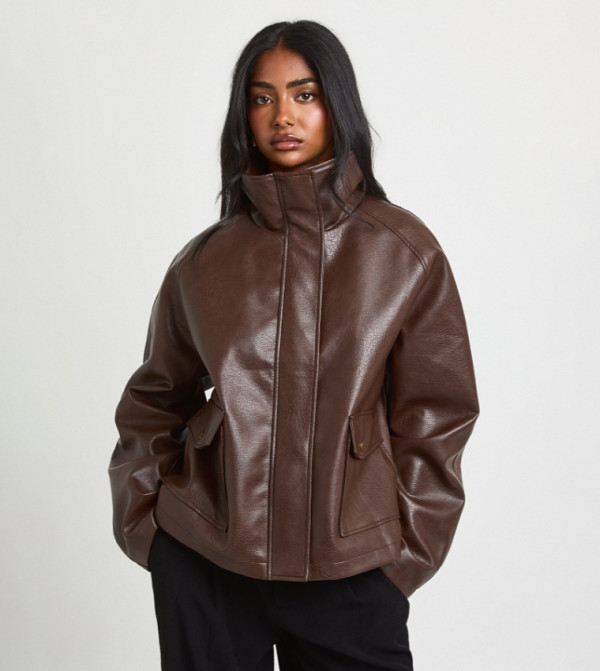 Faux Leather High Neck Jacket