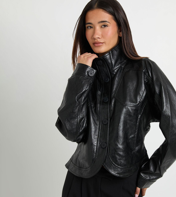 Faux Leather Cinched Waist Jacket
