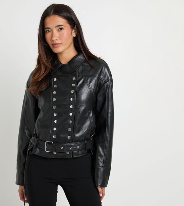 Faux Leather Button Detail Belted Jacket
