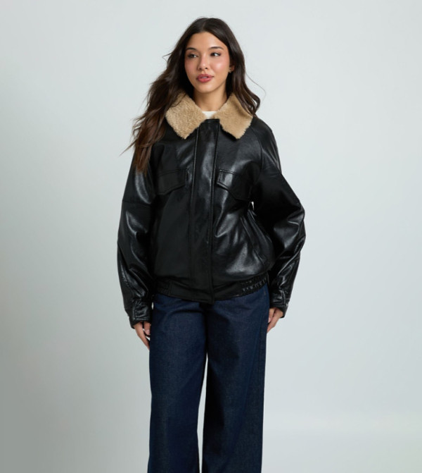 Pebbled Faux Leather Faux Fur Trim Bomber Jacket