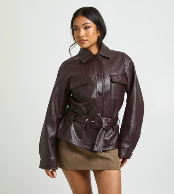 Petite Pebbled Faux Leather Fitted Belted Jacket