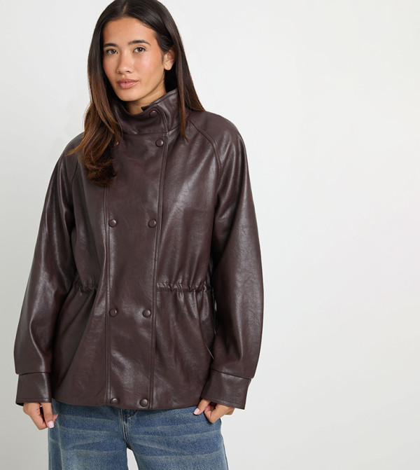 Faux Leather Button Detail High Neck Jacket