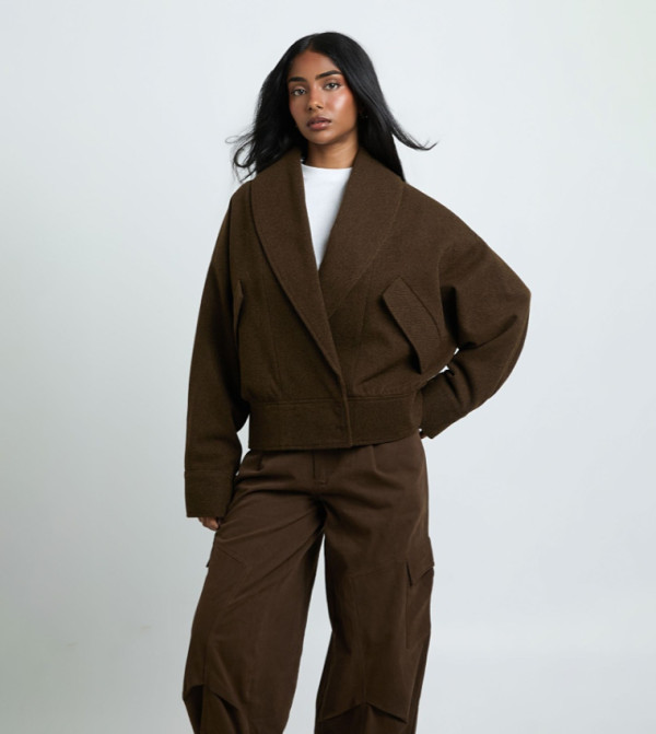 Wrap Shawl Collar Wool Look Jacket