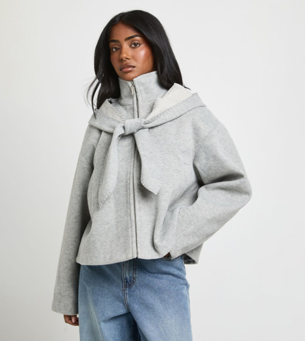 Zippered High Neck Wool Look Jacket