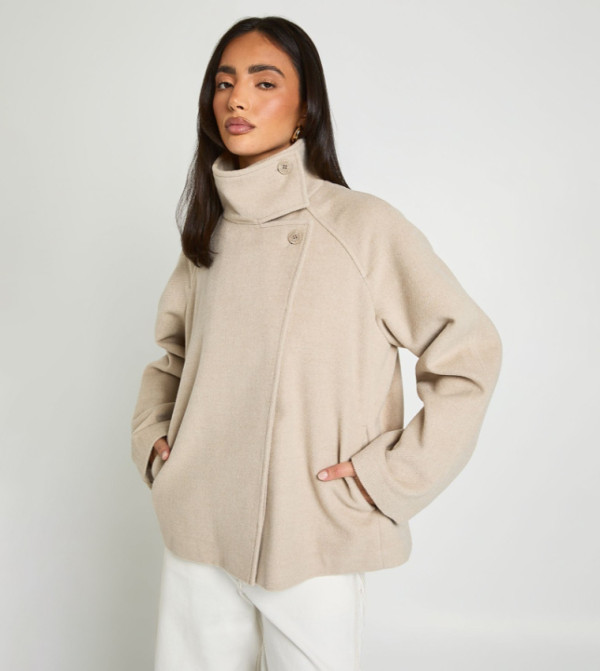 Solid High Neck Wool Look Jacket