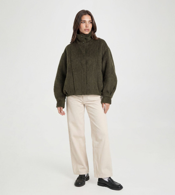 Textured Funnel Neck Wool Look Jacket
