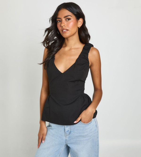Poplin V-Neck Sleeveless Peplum Top
