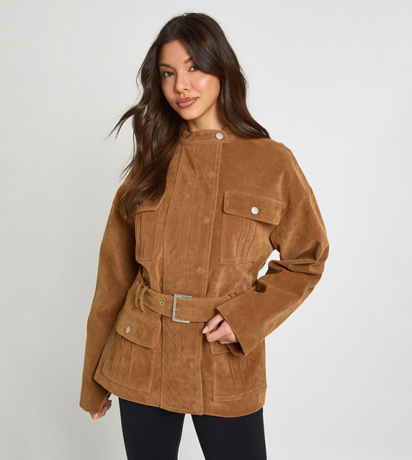 Faux Suede Belted Jacket
