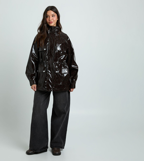 Glossy Pocket Detail Faux Leather Jacket