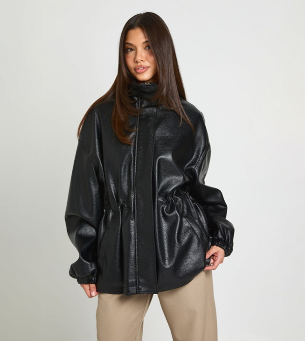 Cinched Waist Detail Faux Leather Jacket