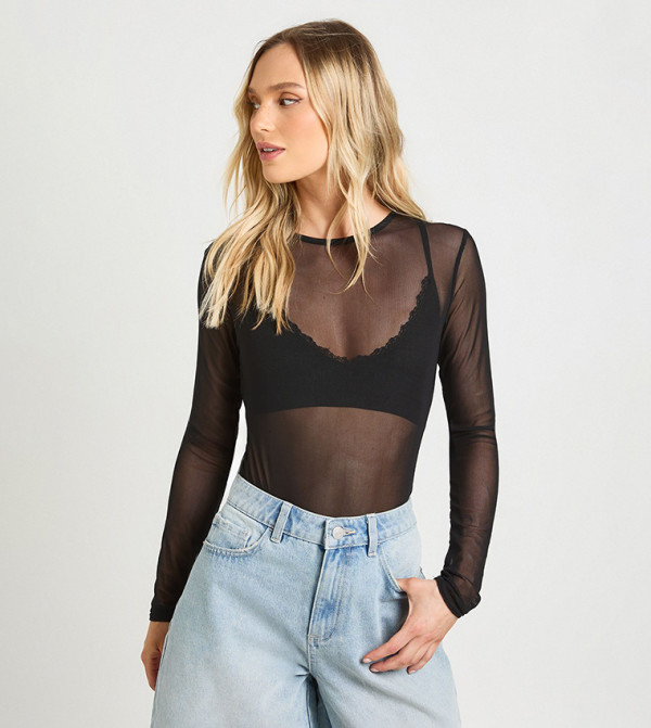 Petite Mesh Long Sleeves Bodysuit Top