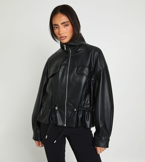 Faux Leather Funnel Neck Cinched Waist Jacket