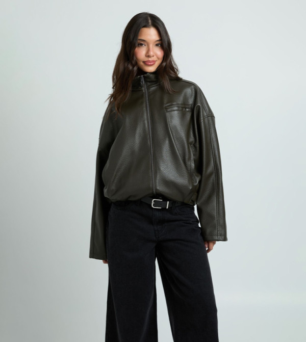 Pebbled Faux Leather Funnel Neck Hem Detail Bomber Jacket
