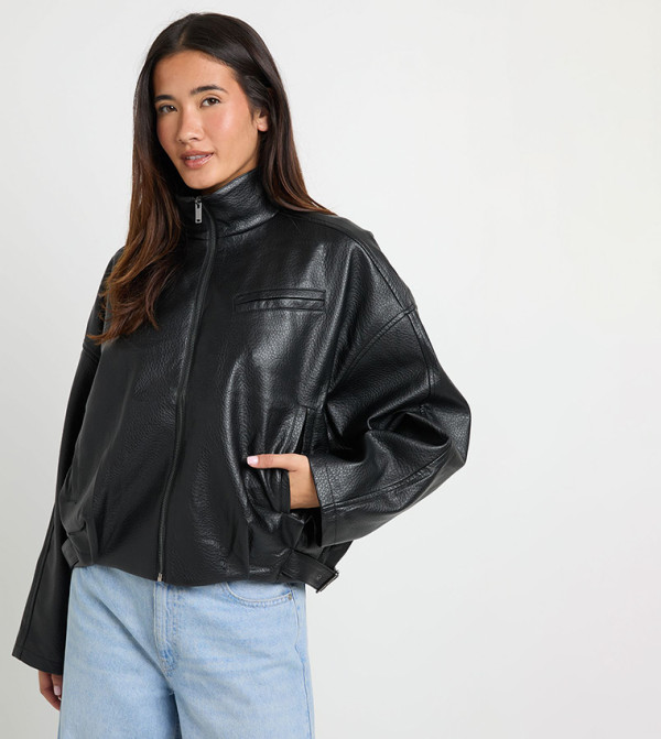 Pebbled Faux Leather Funnel Neck Hem Detail Bomber Jacket