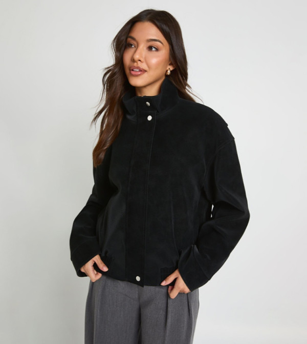 Textured Faux Leather Funnel Neck Bomber Jacket